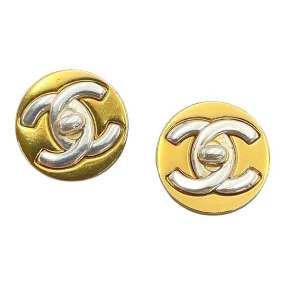 Chanel Vintage Bicolor Turn Lock Coco Earrings Gold Silver W/Box - Picture 4 of 16